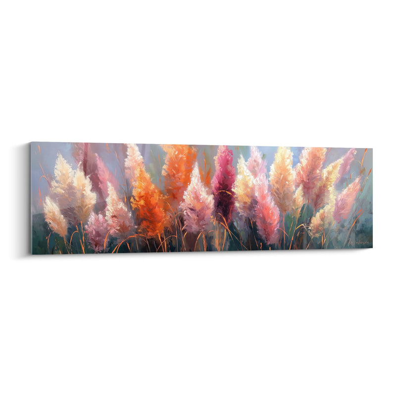 Panoramic pampas grass wall art with orange, pink and golden tones - Autumn Softness - Grasses Collection