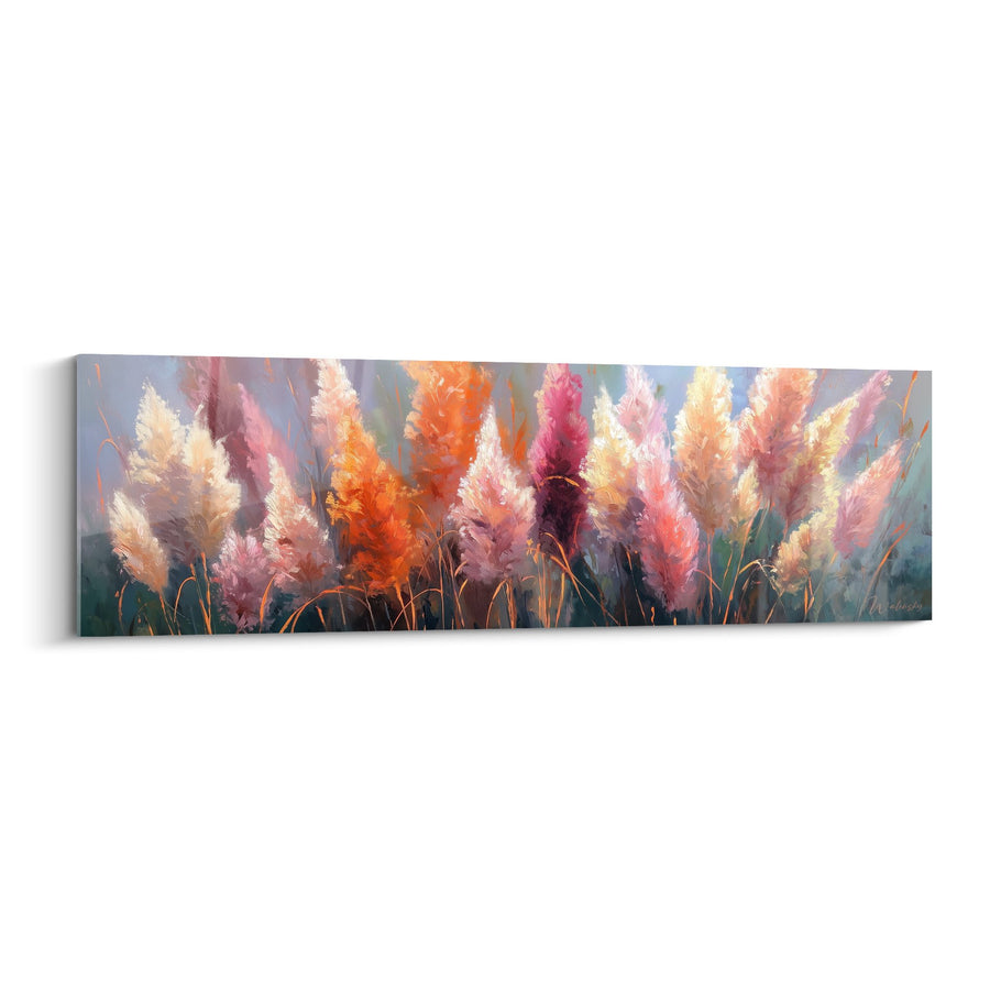 Panorama schilderij van kleurrijke pampa's in oranje-, roze- en goudtinten - Herfstige zachtheid - Graminée Editie
