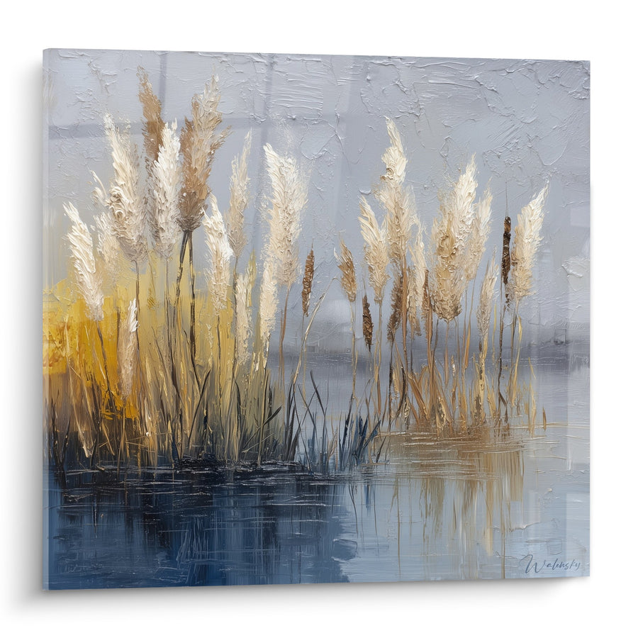 Tableau pampas dorés et plumes beiges au bord de l'eau avec reflets bleus - Sérénité Aquatique - Edition Graminées