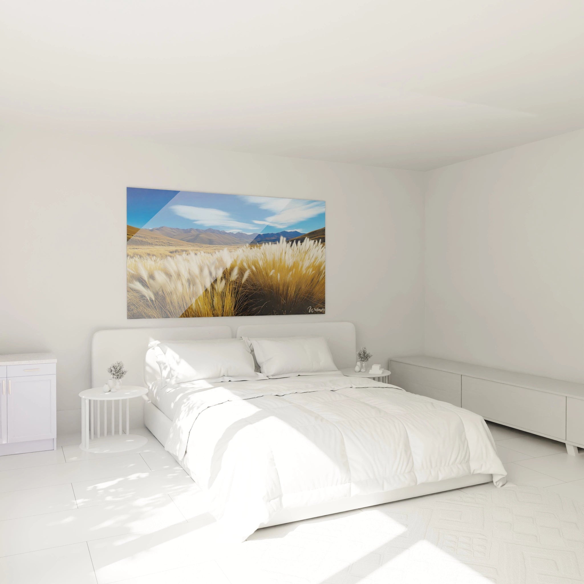 Un tableau paysage mettant en scène une plaine vallonnée aux tons dorés et marron, sous un ciel aux nuances bleues et blanches. Les herbes en premier plan affichent un effet de mouvement fluide.

