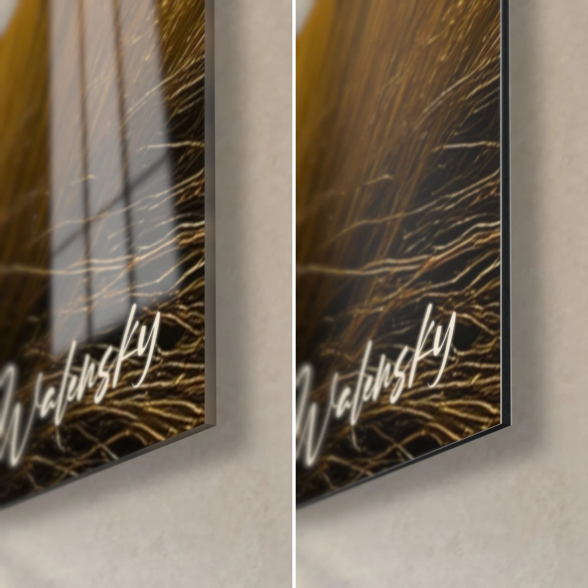 Cuadro de pampa dorada, esquina inferior derecha: cristal acrílico brillante con reflejos a la izquierda, aluminio Dibond negro mate a la derecha, firma Walensky en blanco