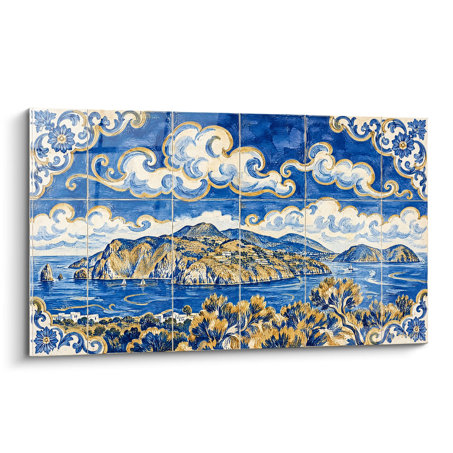 Tile Painting Italian Coast in Blue and Gold - Italian Travel Journal - Panarea Sicily Italy Edition