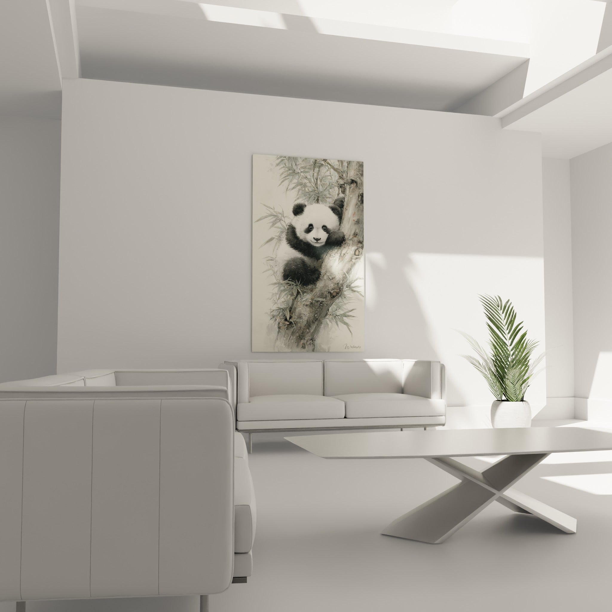 Panda agrippé à l'écorce grise parmi les feuilles de bambou, au-dessus d'un canapé dans un salon lumineux