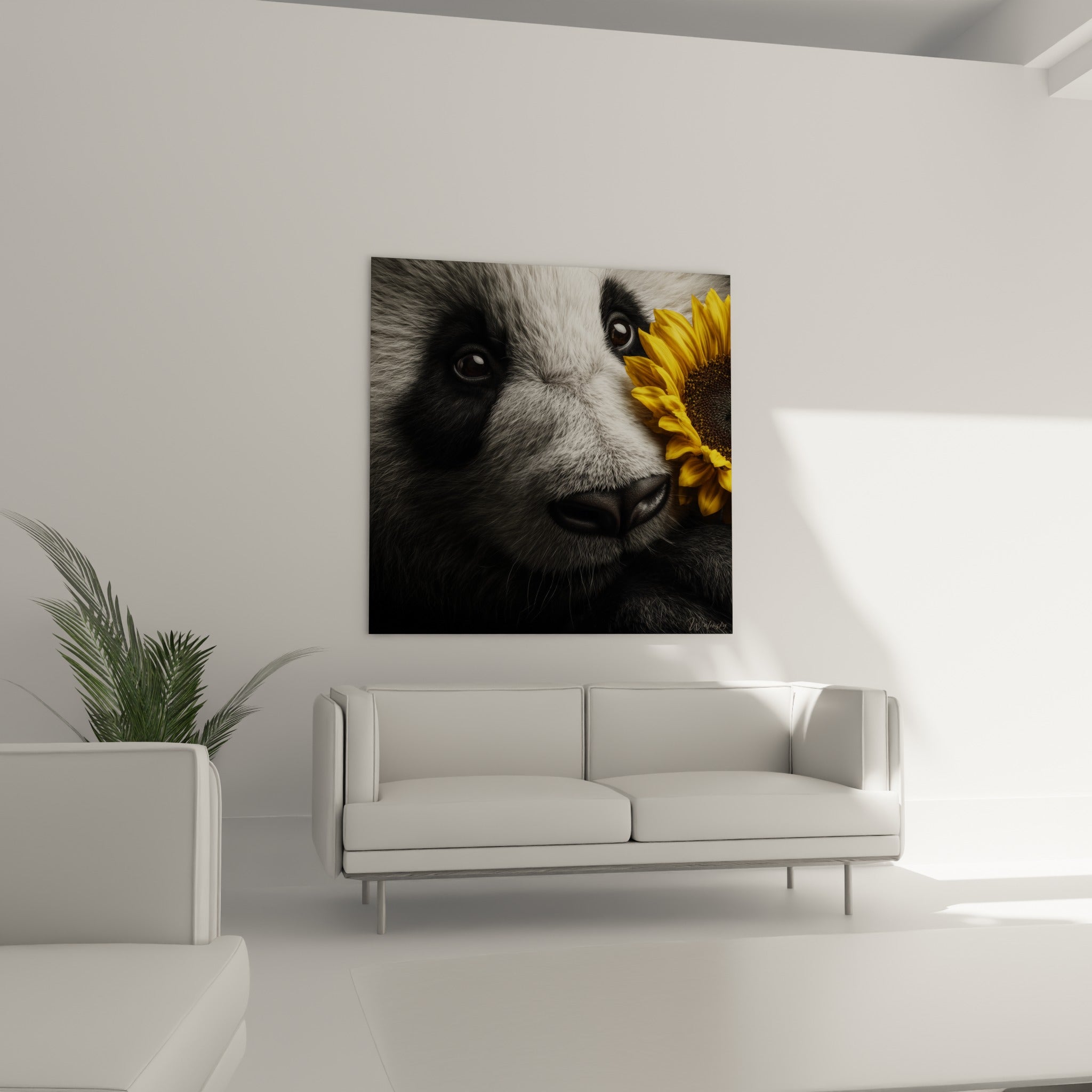 Panda gris anthracite et jaune tournesol, suspendu au-dessus d'un canapé dans un salon lumineux