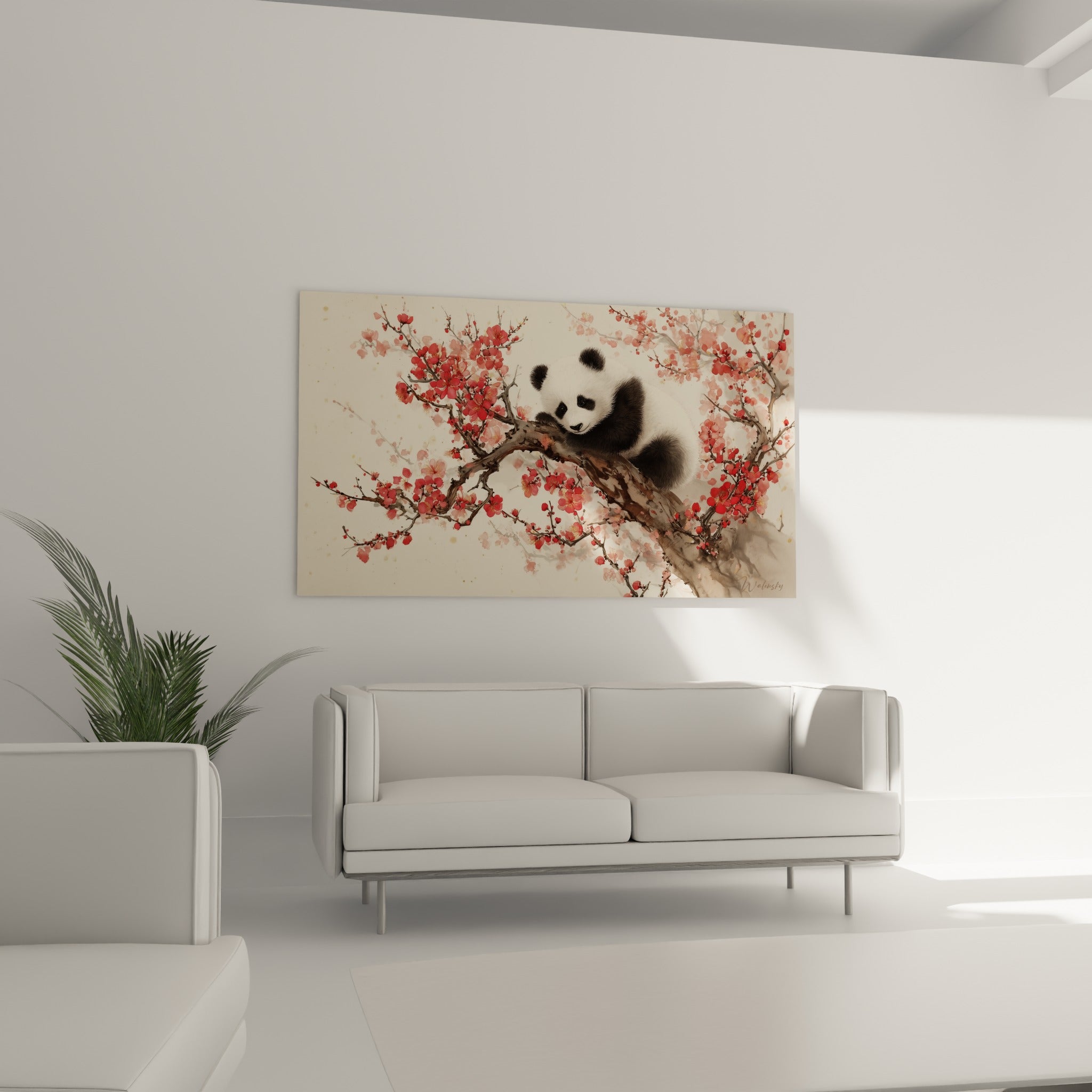 Petit panda endormi parmi les fleurs corail et roses, au-dessus d'un canapé dans un salon lumineux