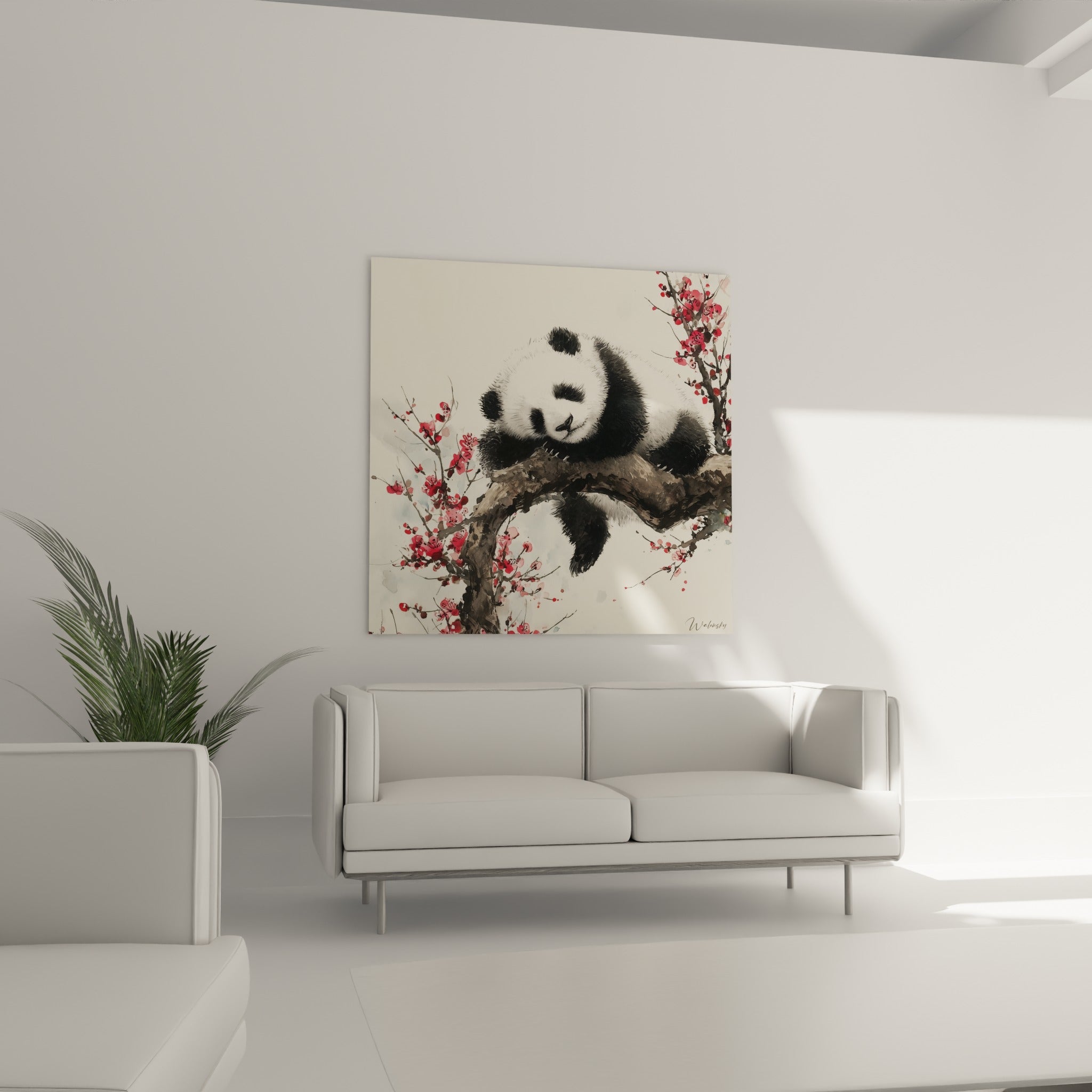 Panda paisible sur branche brune texturée, fleurs de cerisier roses, tableau au-dessus d'un canapé dans un salon lumineux