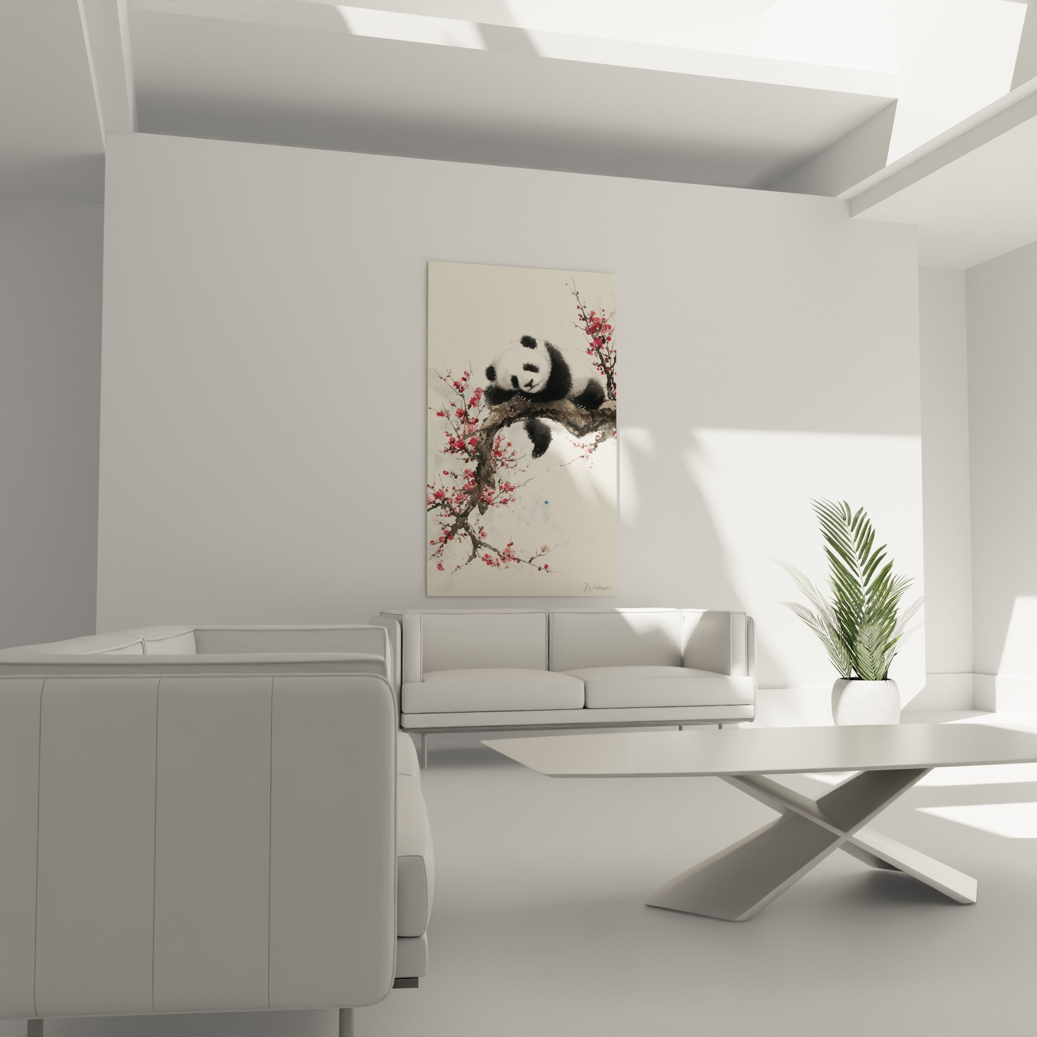 Détendu parmi les fleurs de cerisier rose et carmin, le panda noir et blanc orne un salon lumineux