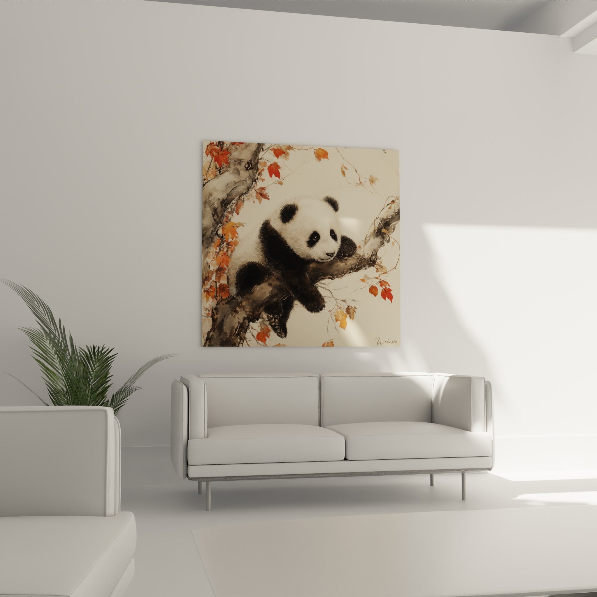 Panda tendre au pelage blanc niché parmi les feuilles rousses, au-dessus d'un canapé dans un salon lumineux