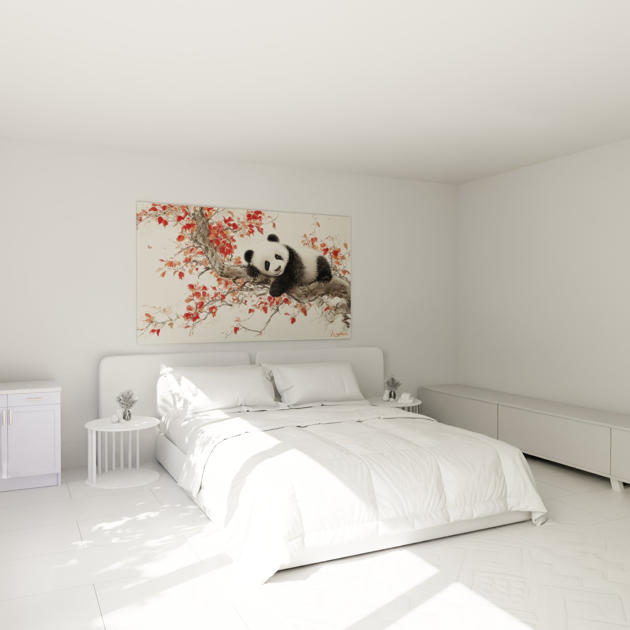 Panda endormi entouré de feuillages rouges et ocre, au-dessus d'un lit dans une chambre claire