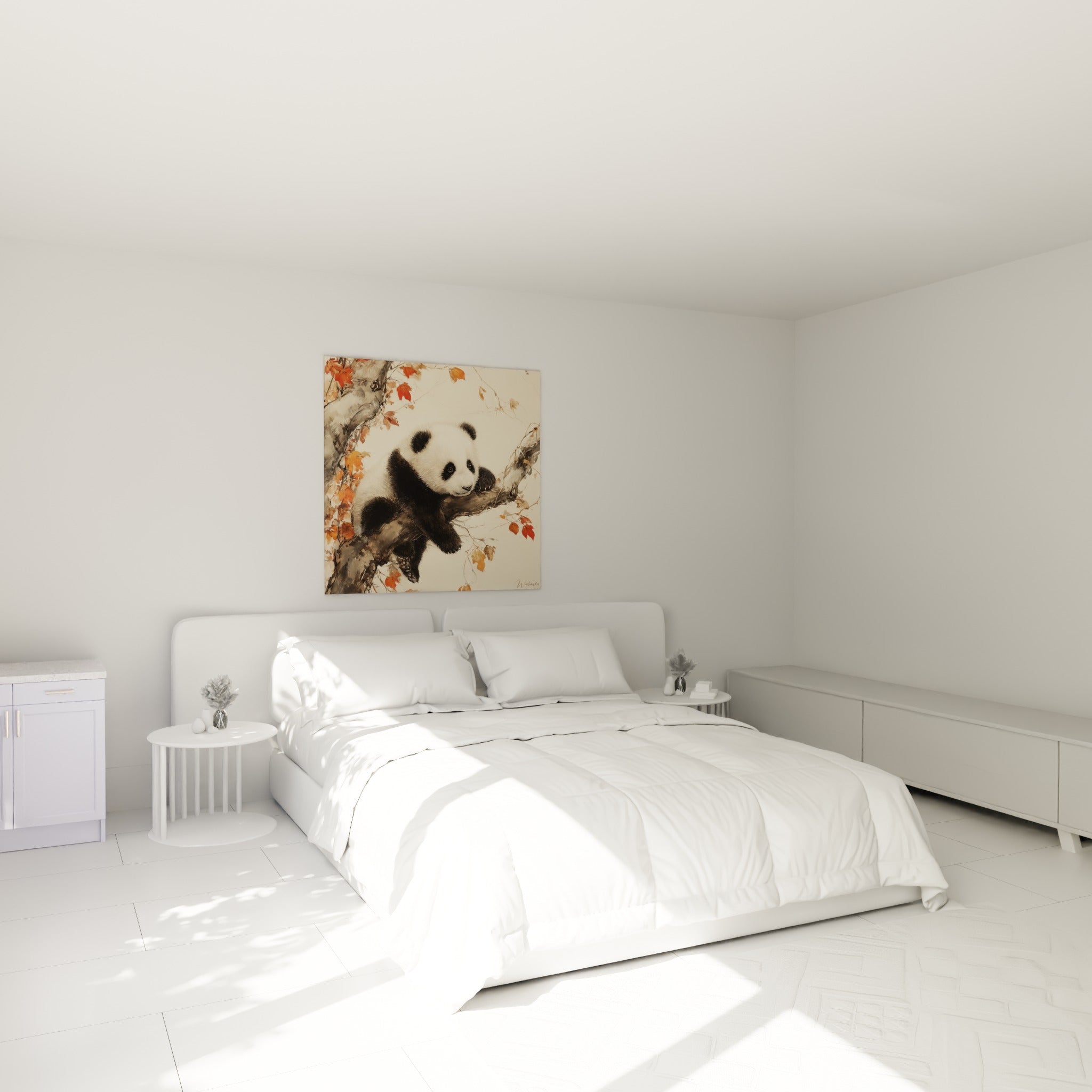 Panda endormi aux taches noires sur branche automnale, accroché au-dessus d'un lit dans une chambre claire
