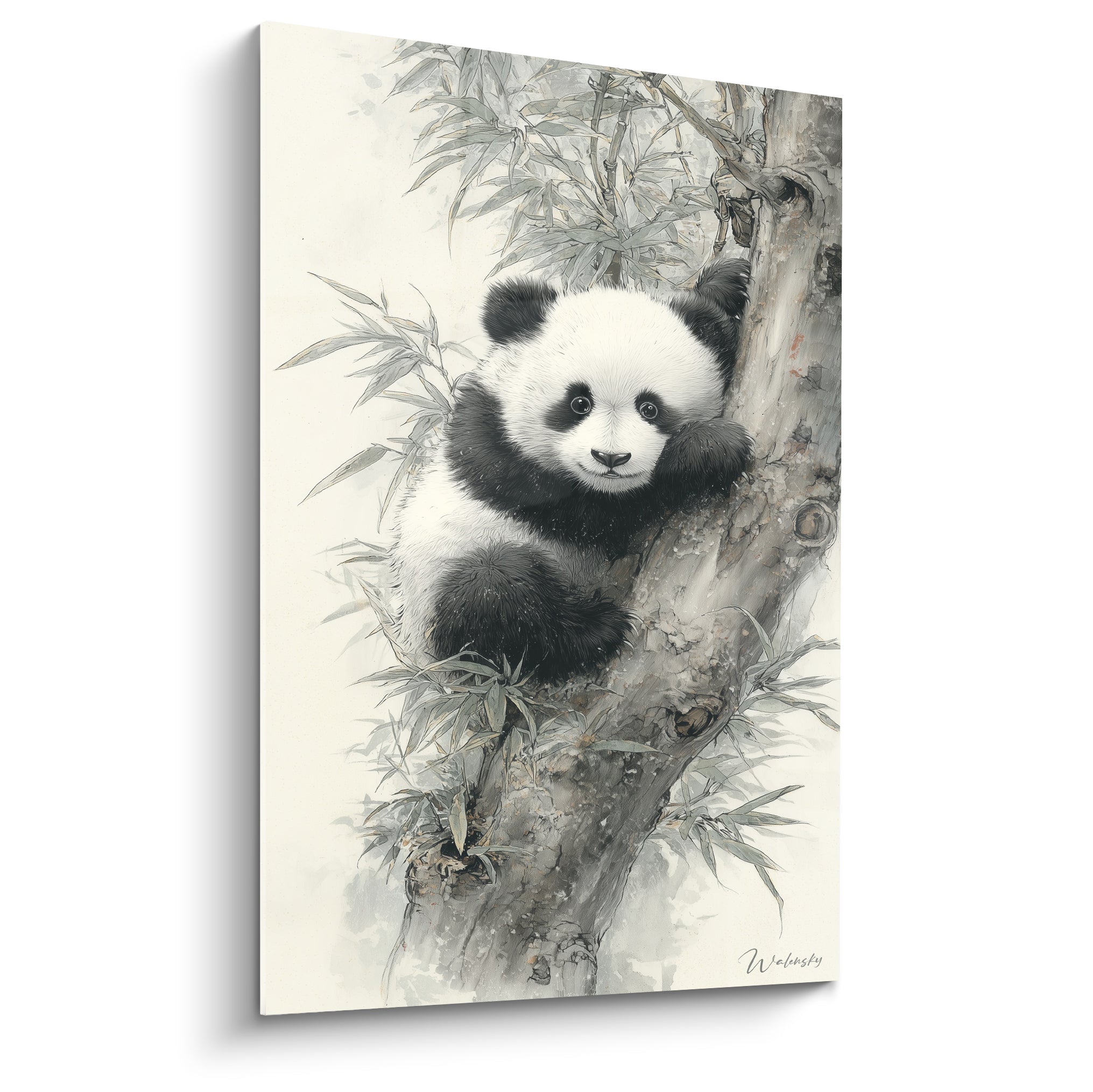 Panda blanc et noir accroché à une branche de bambou peint en aquarelle grise