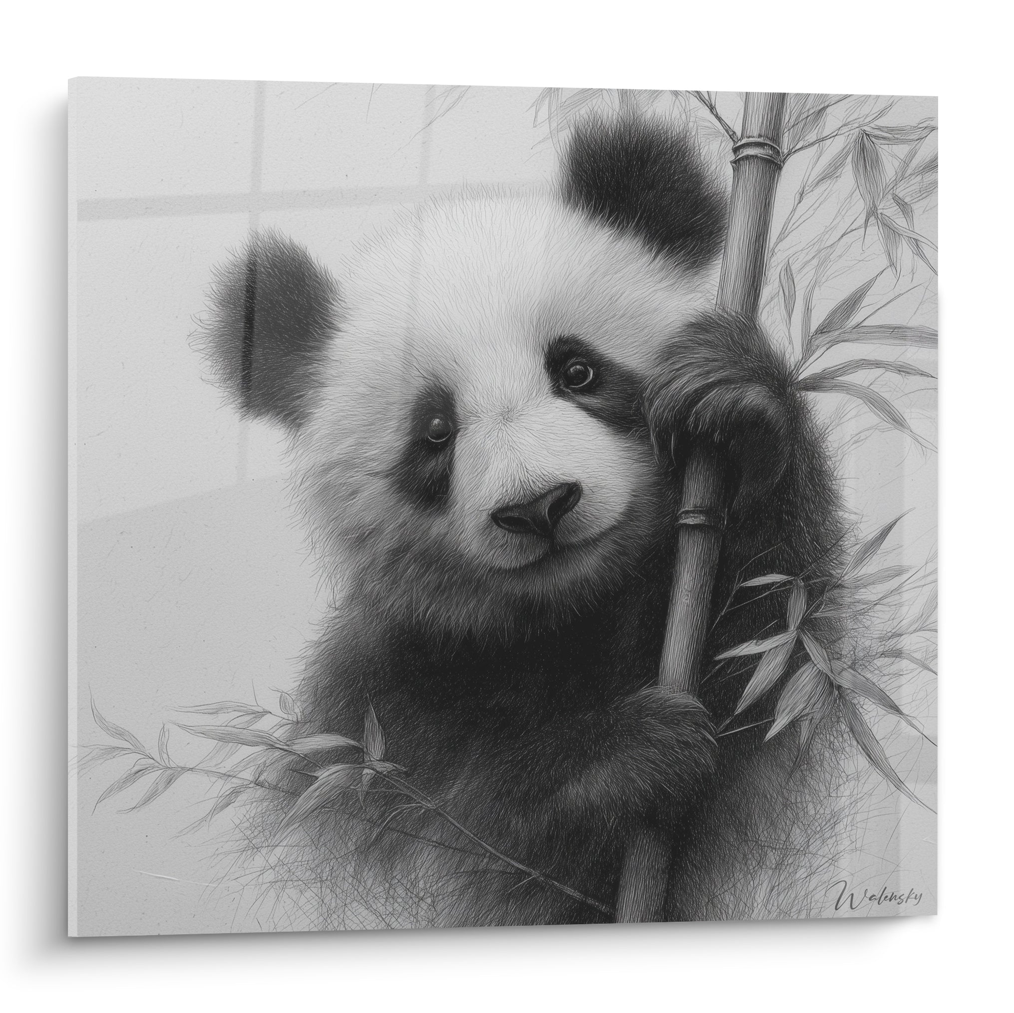 Panda anthracite et blanc agrippé à une tige de bambou, dessin crayon aux traits fins