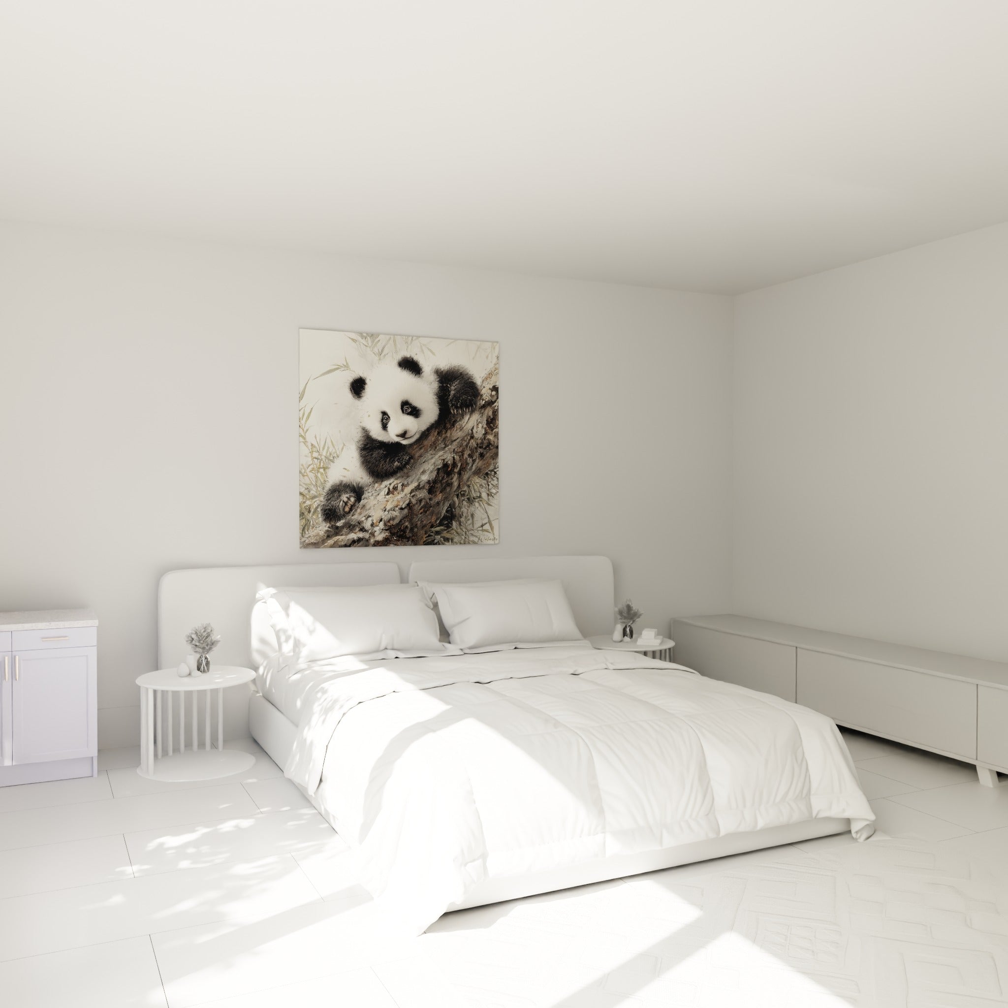 Bambou vert pâle et panda accroché à sa branche, accrochage au-dessus d'un lit dans une chambre claire