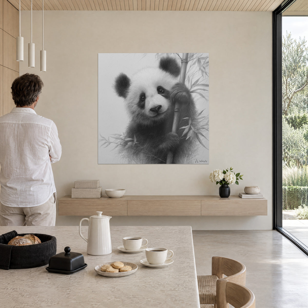 Schilderij pandaportret met tedere blik, donkere snuit en ivoorkleurige vacht, zacht licht van een woonkamer met uitzicht op de tuin