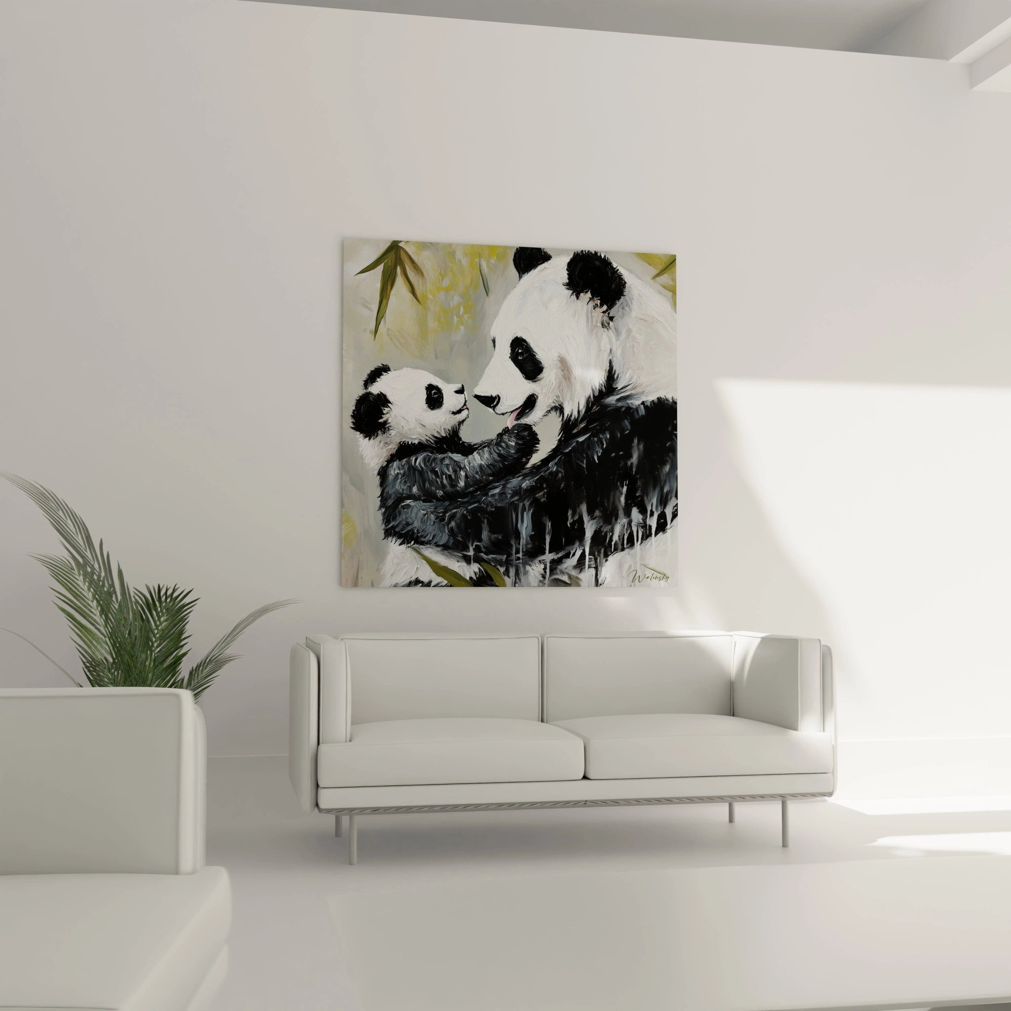 Tableau panda Walensky représentant un panda adulte et son bébé dans un salon moderne blanc