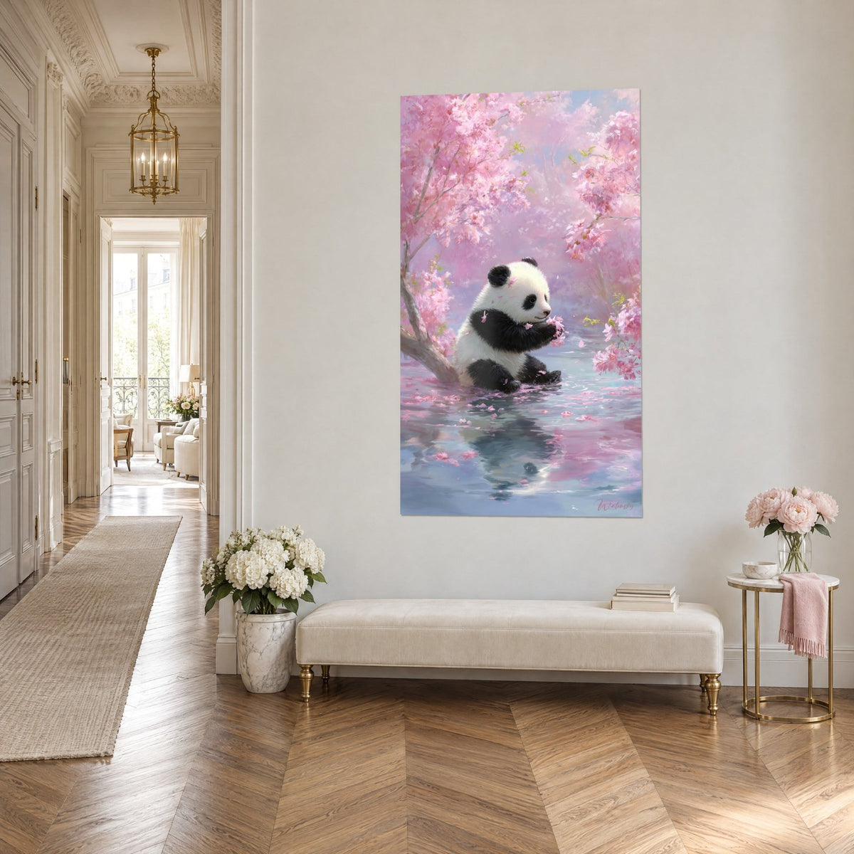 Wall art Black and white baby bear picking pink petals, blue reflection in the water, parquet Haussmann corridor