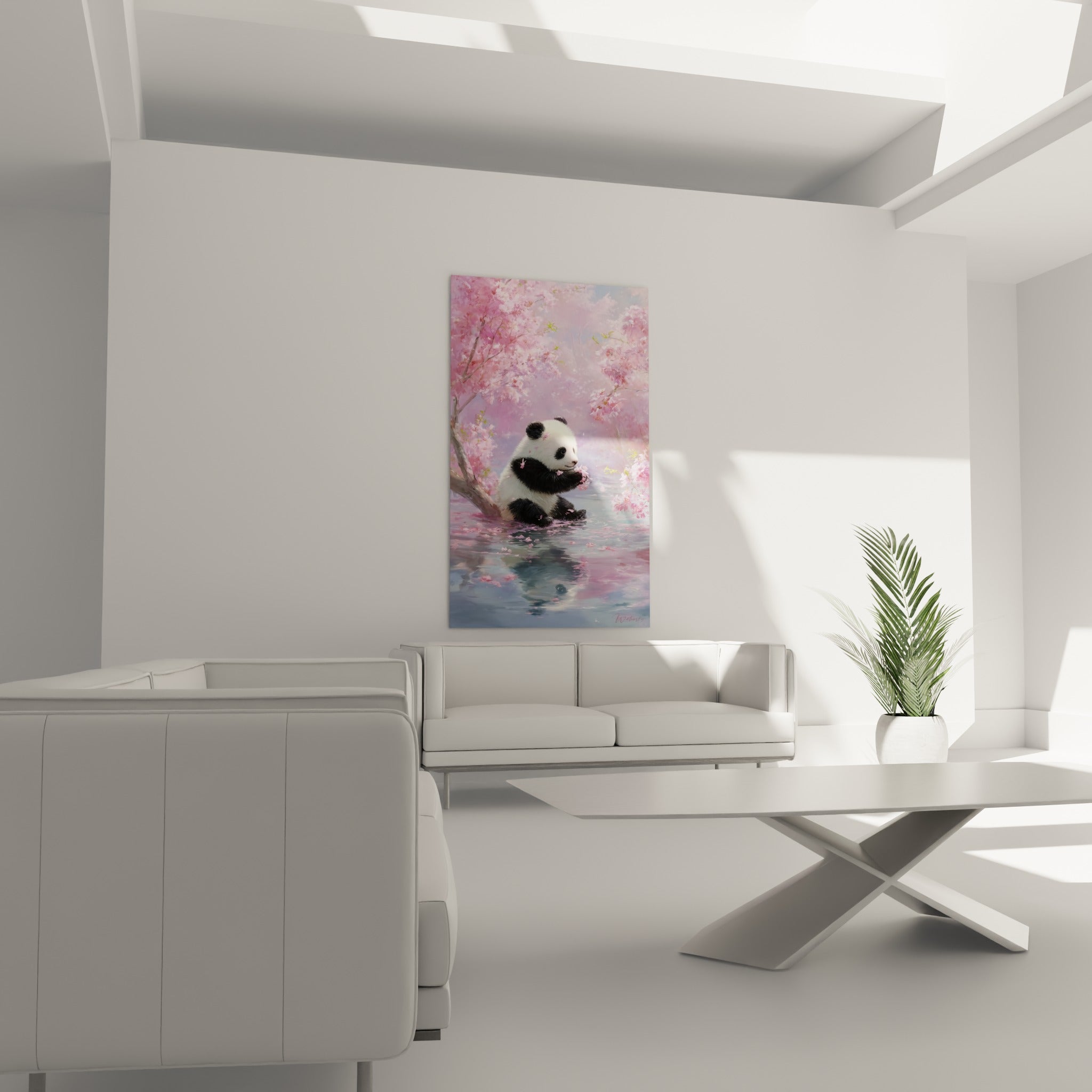 Animal noir et blanc entouré de fleurs roses et reflet bleu, au-dessus d'un canapé dans un salon lumineux