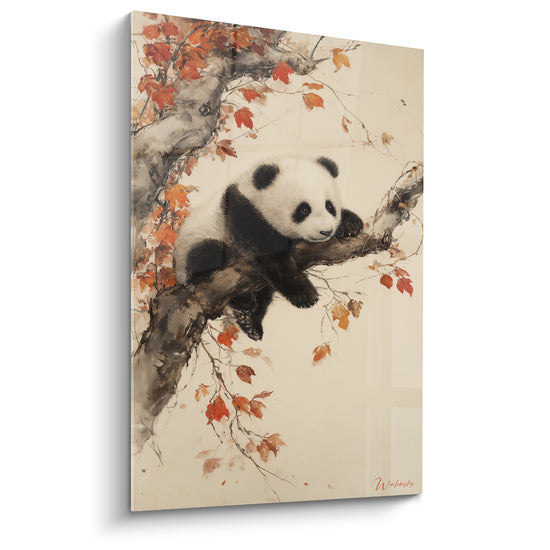 Tableau Panda noir et blanc affalé sur branche noueuse orangée - Menton sur l'écorce - Edition Panda