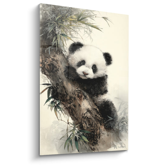 Tableau Bébé panda noir et blanc agrippé au tronc noueux - Feuillage de bambou clair - Edition Panda