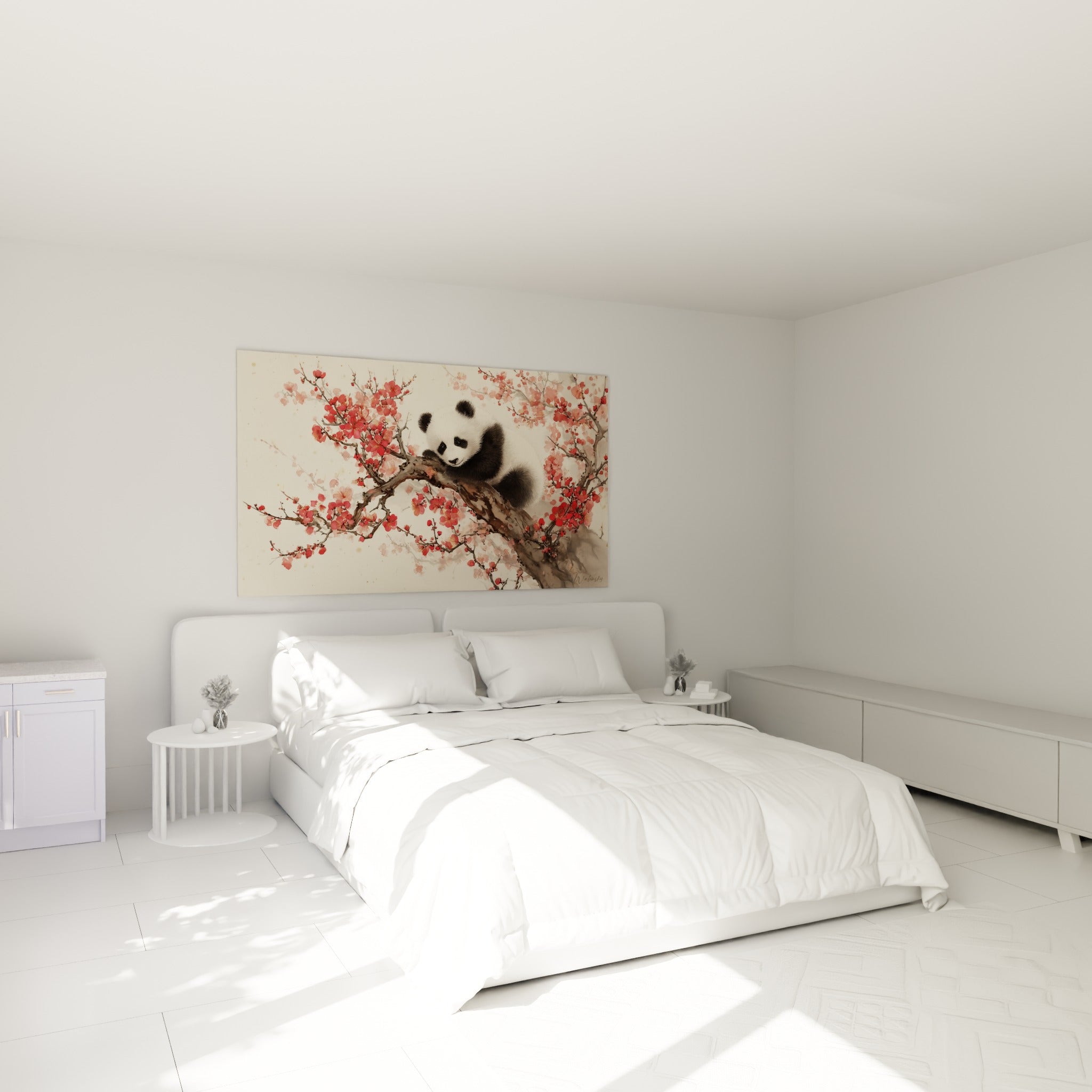 Jeune panda niché sur une branche de cerisier rose, au-dessus d'un lit dans une chambre claire