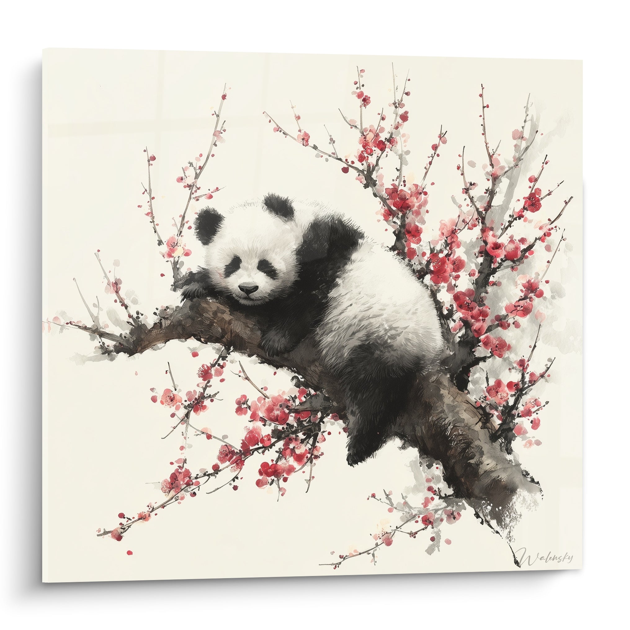 Panda blanc et noir endormi sur une branche fleurie rose et ivoire, style aquarelle japonisante