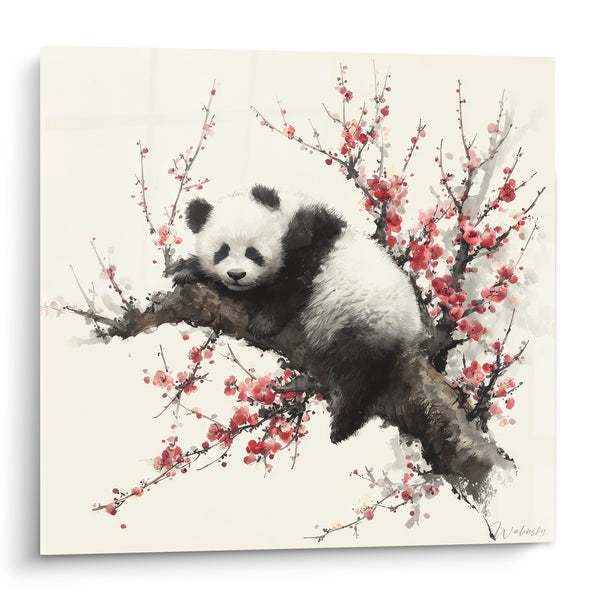 Tableau Panda endormi sur branche fleurie rose - Sieste fleurie - Edition Panda