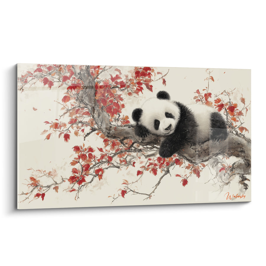 Tableau Panda allongé sur une branche fleurie - Sieste perchée - Edition Panda
