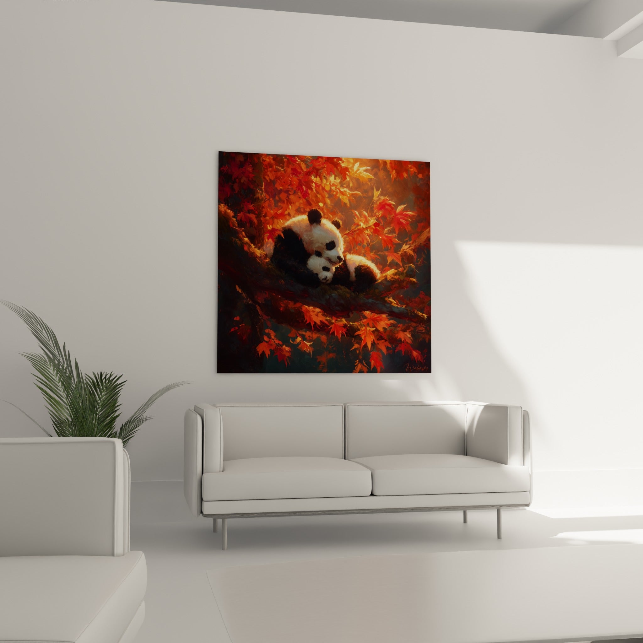 Étreinte de pandas sous des feuilles d'érable flamboyantes, au-dessus d'un canapé dans un salon lumineux