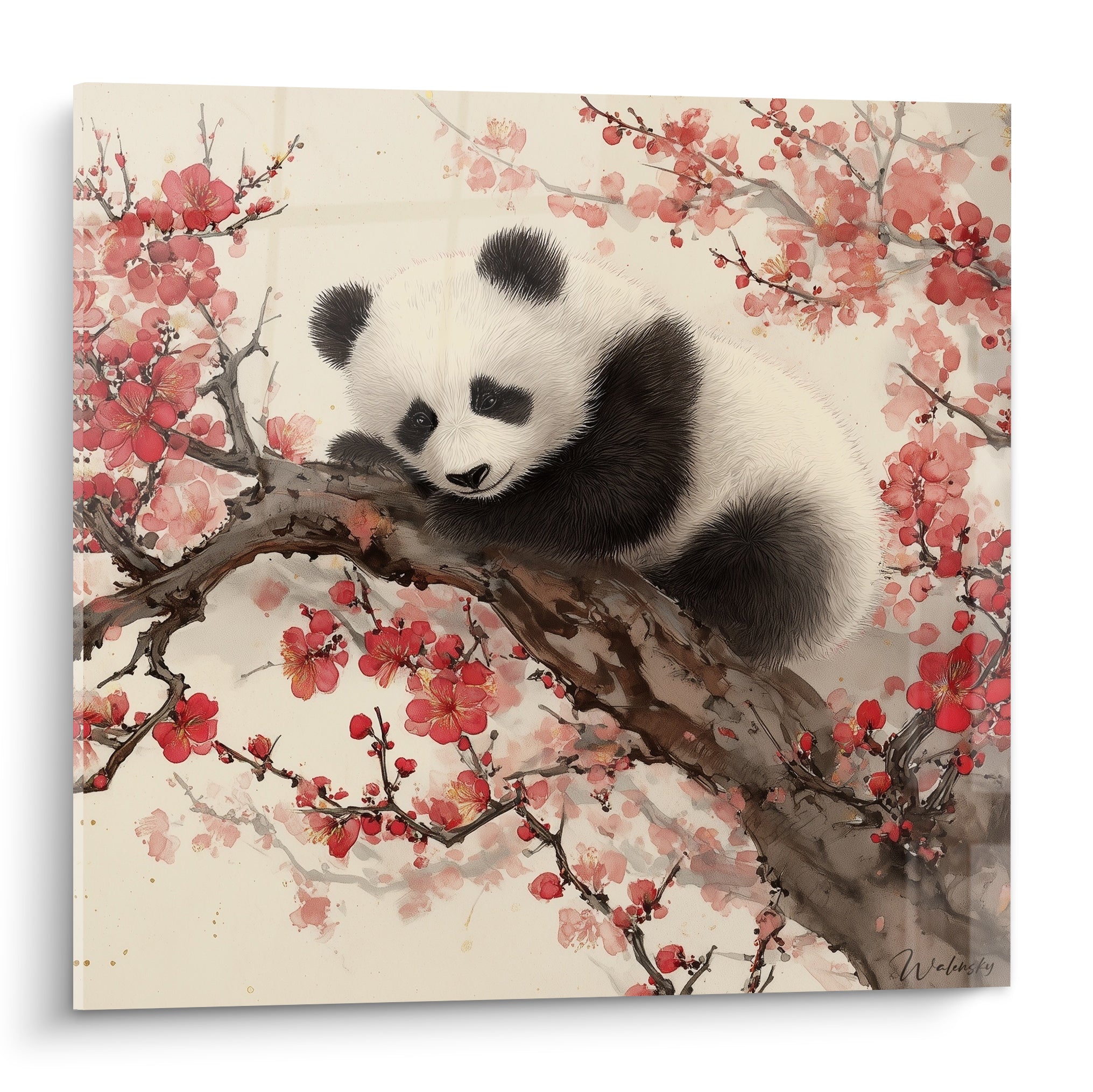 Panda noir et blanc endormi sur une branche fleurie rouge et rose, style aquarelle délicate