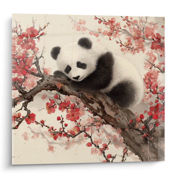 Tableau Bébé panda noir et blanc parmi fleurs rouges - Menton posé sur écorce - Edition Panda
