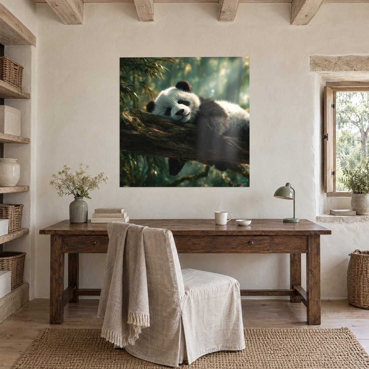Tableau ours bambou en pleine sieste, oreilles rondes noires, fond vert sapin flou, accroché au-dessus d'un bureau en bois dans une pièce en pierre