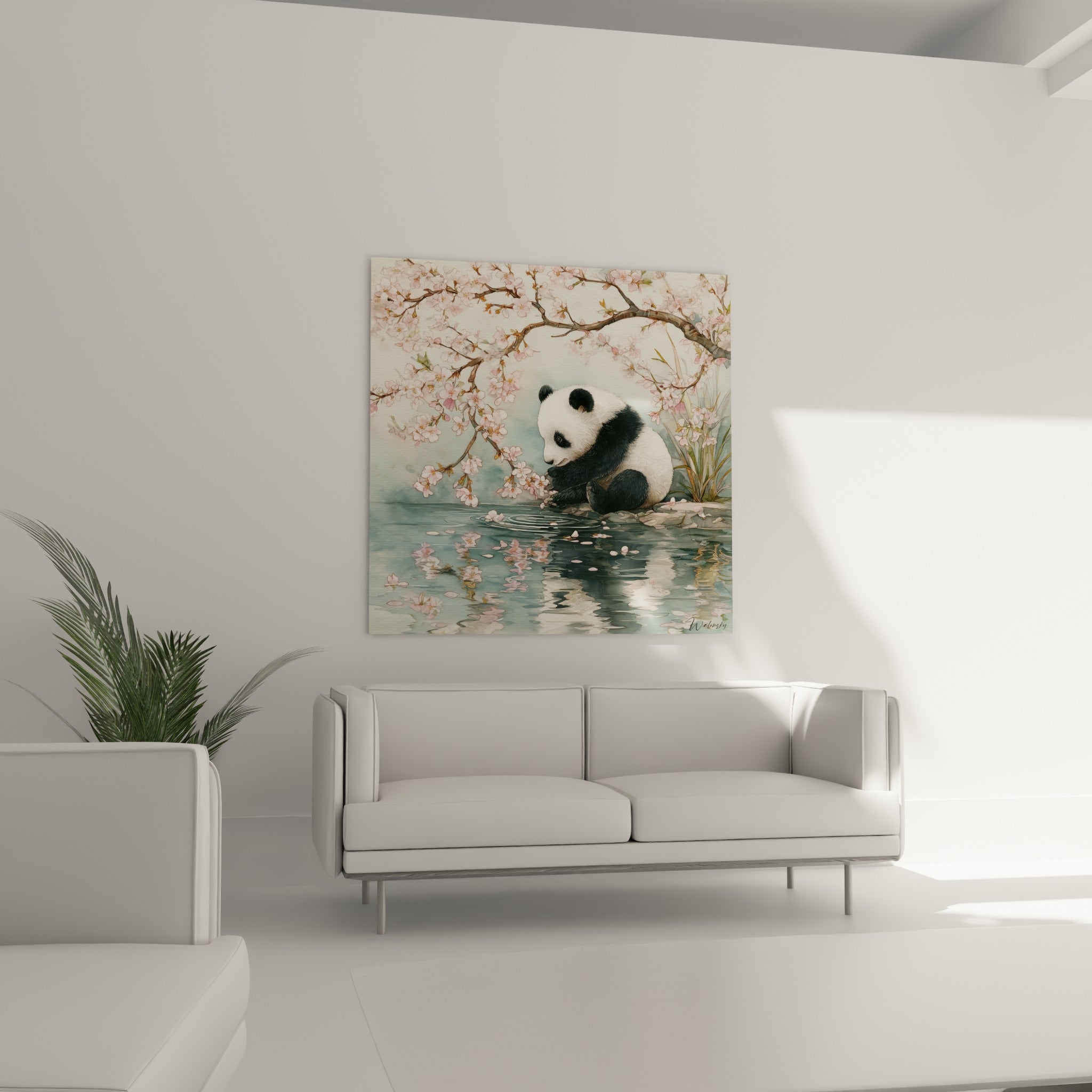 Animal noir et blanc entouré de fleurs pastel, au-dessus d'un canapé dans un salon lumineux