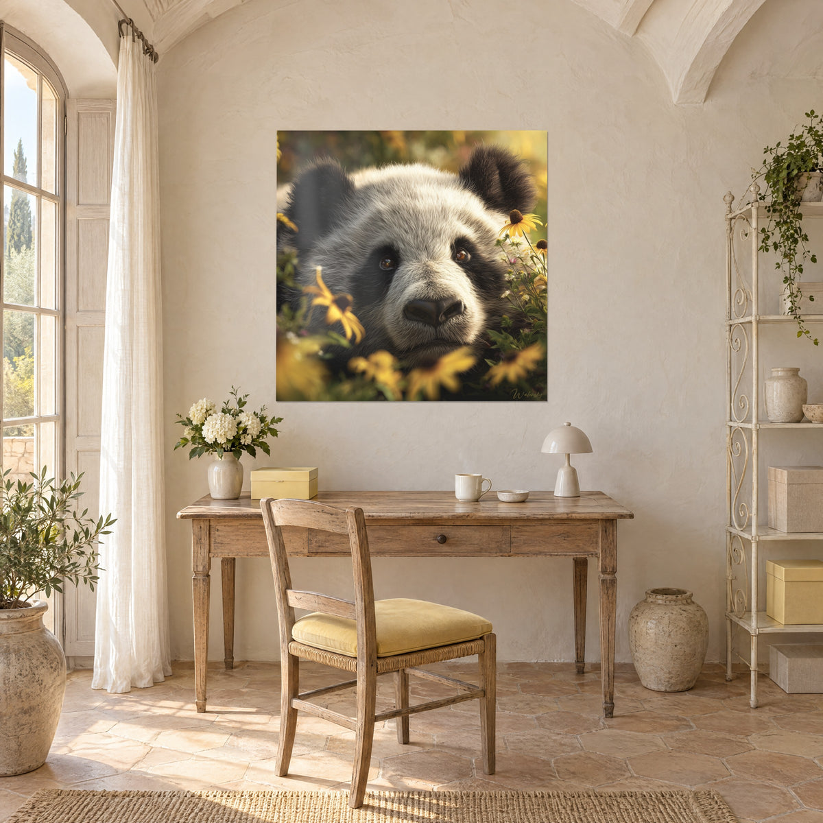 Tableau bébé panda au pelage gris clair, rudbeckias jaune soleil au premier plan, au-dessus d'un bureau en bois, mas provençal