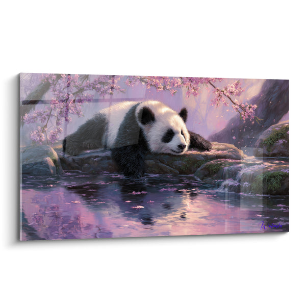 Tableau Panda endormi sous cerisiers roses - Douceur du crépuscule - Edition Panda