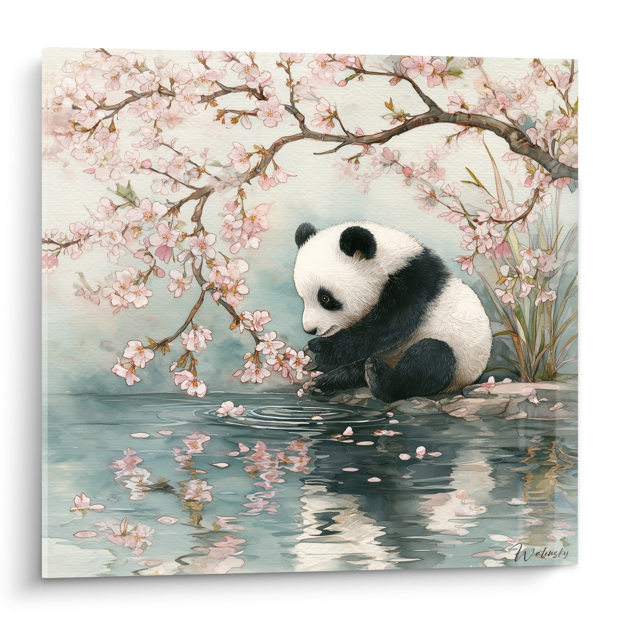 Panda assis au bord de l'eau sous des fleurs de cerisier roses et vert d'eau