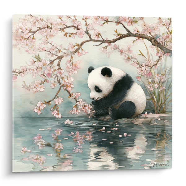 Tableau Panda assis sous cerisiers roses au bord de l'eau - Instant de rêverie - Edition Panda