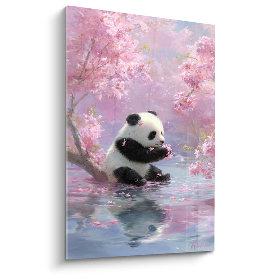 Tableau Panda rose et bleu sous cerisiers - Éveil printanier - Edition Panda