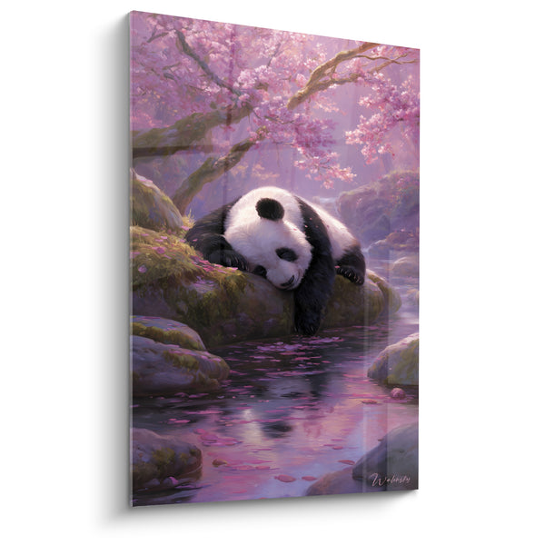 Tableau Panda noir et blanc affalé au bord d'un ruisseau - Pétales flottant sur l'eau - Edition Panda