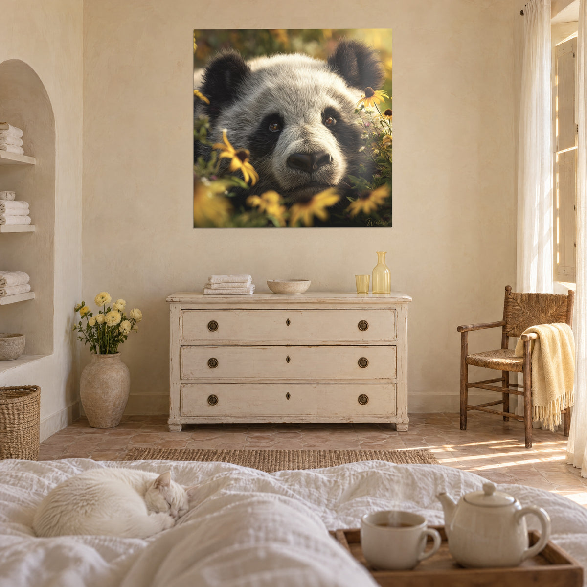 Tableau visage de panda aux oreilles noires et au regard ambré, femme de dos et chat blanc, au-dessus d'un lit dans une chambre claire