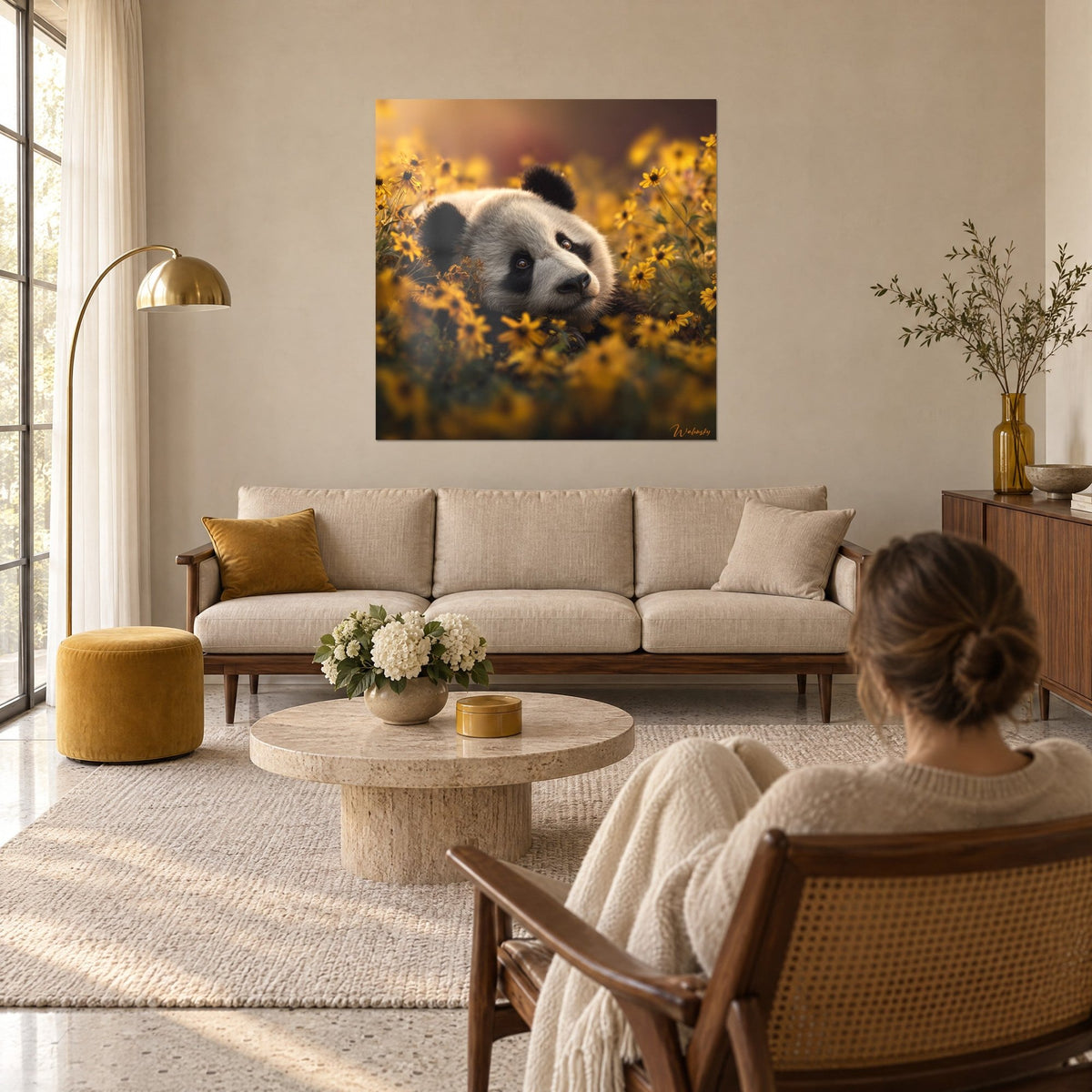 Πίνακας panda με κρεμ και μαύρο τρίχωμα, ξαπλωμένο ανάμεσα σε χρυσά λουλούδια, ηλιόλουστο φως σε κεχριμπαρί τόνους, πάνω από καναπέ σε φωτεινό σαλόνι