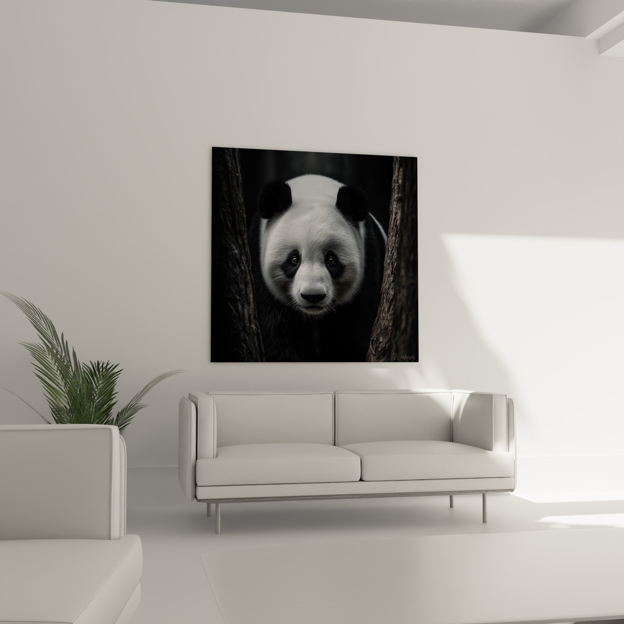 Regard perçant du panda entre troncs anthracite, contraste blanc et noir, au-dessus d'un canapé dans un salon lumineux