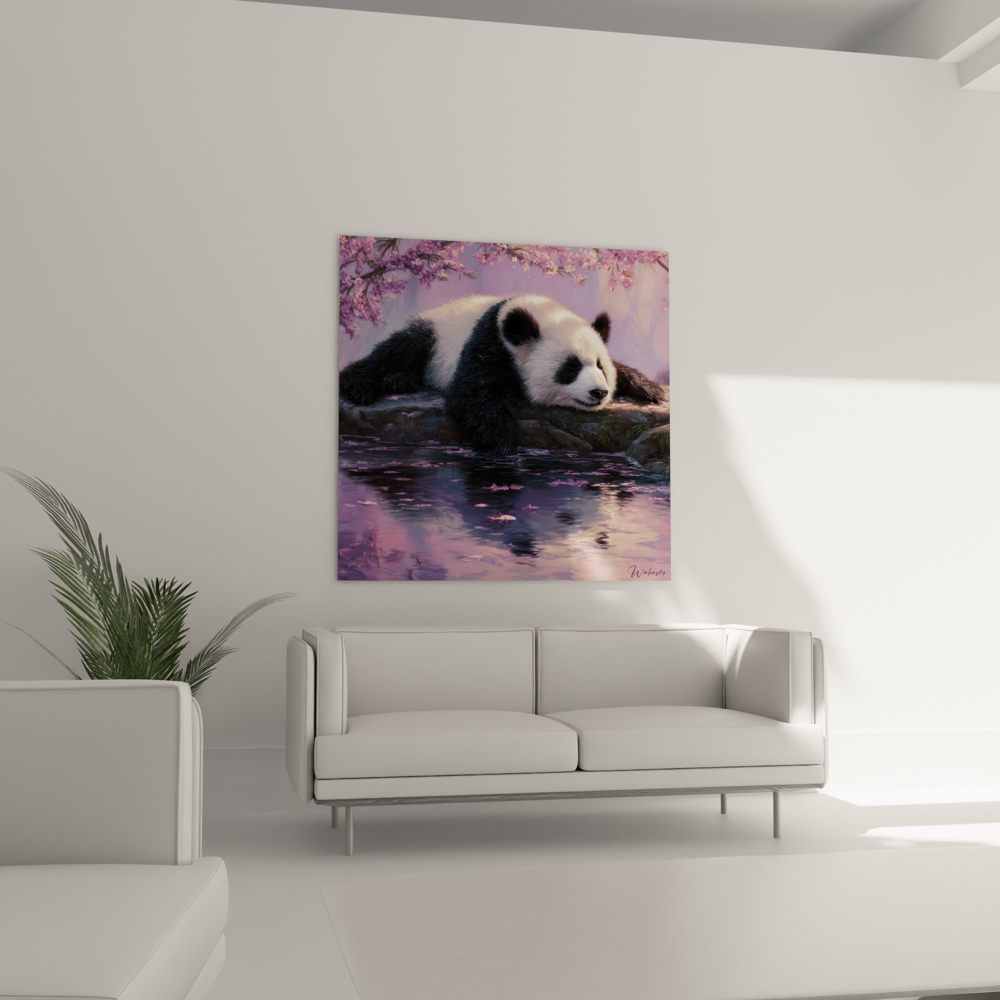 Panda paisible aux tons mauve et rose accroché au-dessus d'un canapé dans un salon lumineux