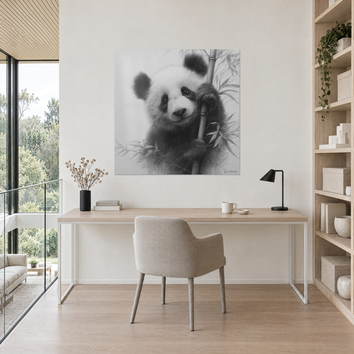 Schilderij jonge panda omhelst de bamboe, zwart-grijze schets op lichte achtergrond, beige muur boven een houten bureau