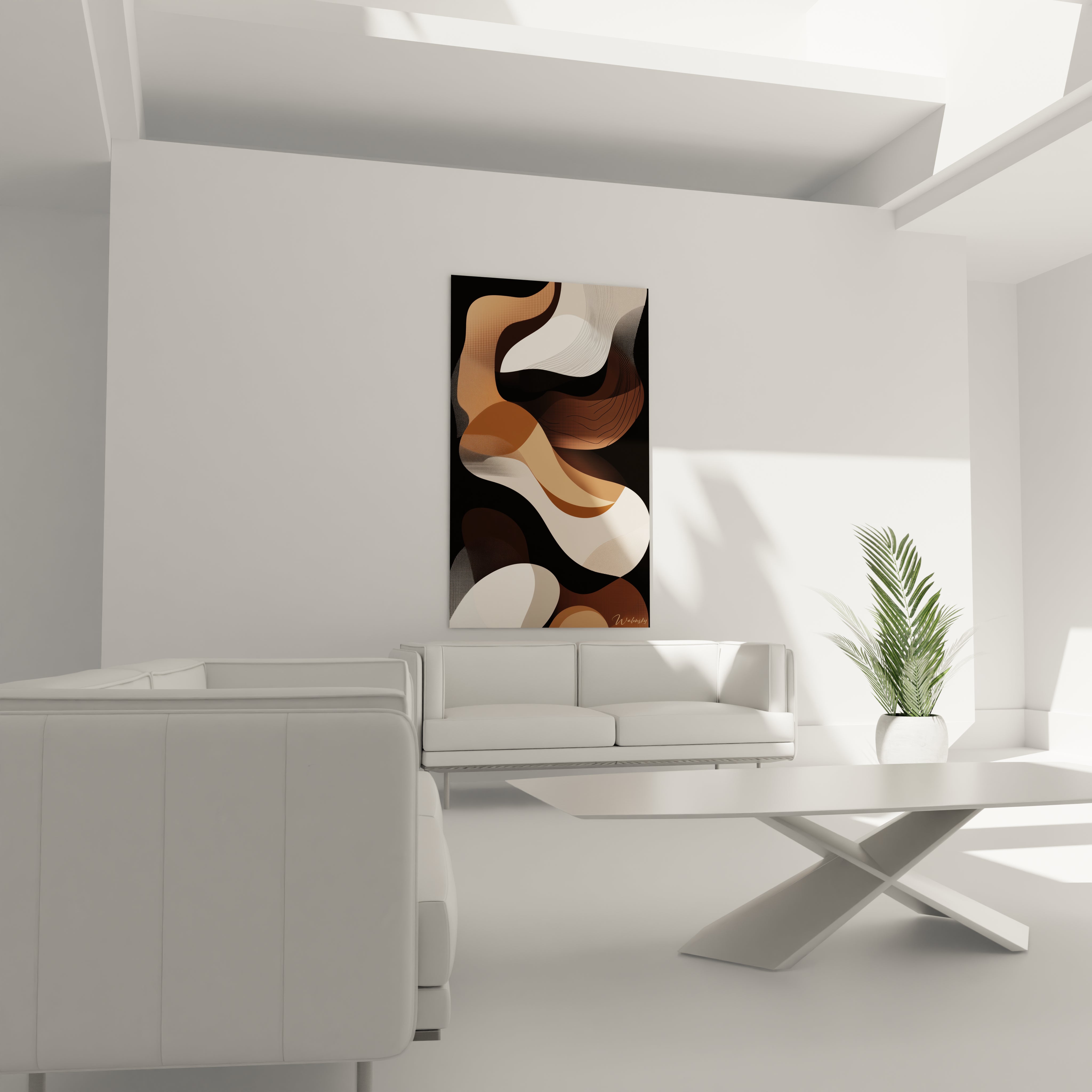 Tableau africain mural abstrait aux formes ondulées marron et beige dans un salon moderne blanc