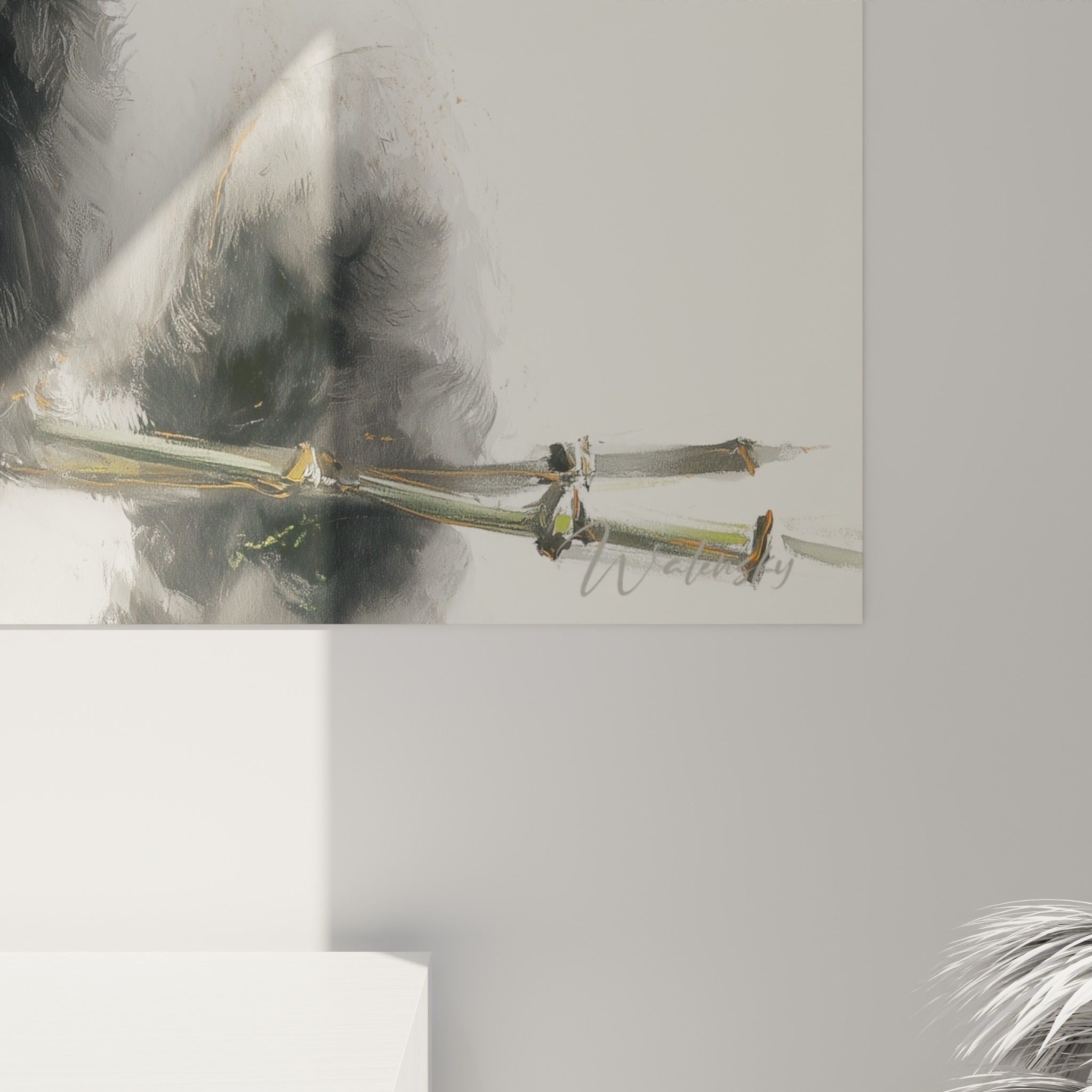 Détail du pelage anthracite et blanc des pandas, empâtements et coulures visibles sur la toile