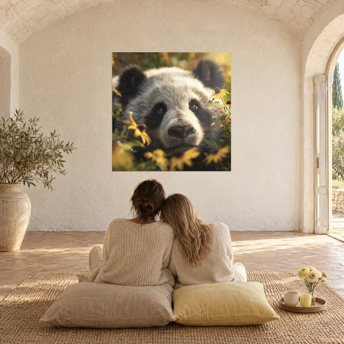 Tableau face de panda aux iris cuivrés cernés de noir, parmi les fleurs jaunes, deux femmes de dos sur des coussins, mas
