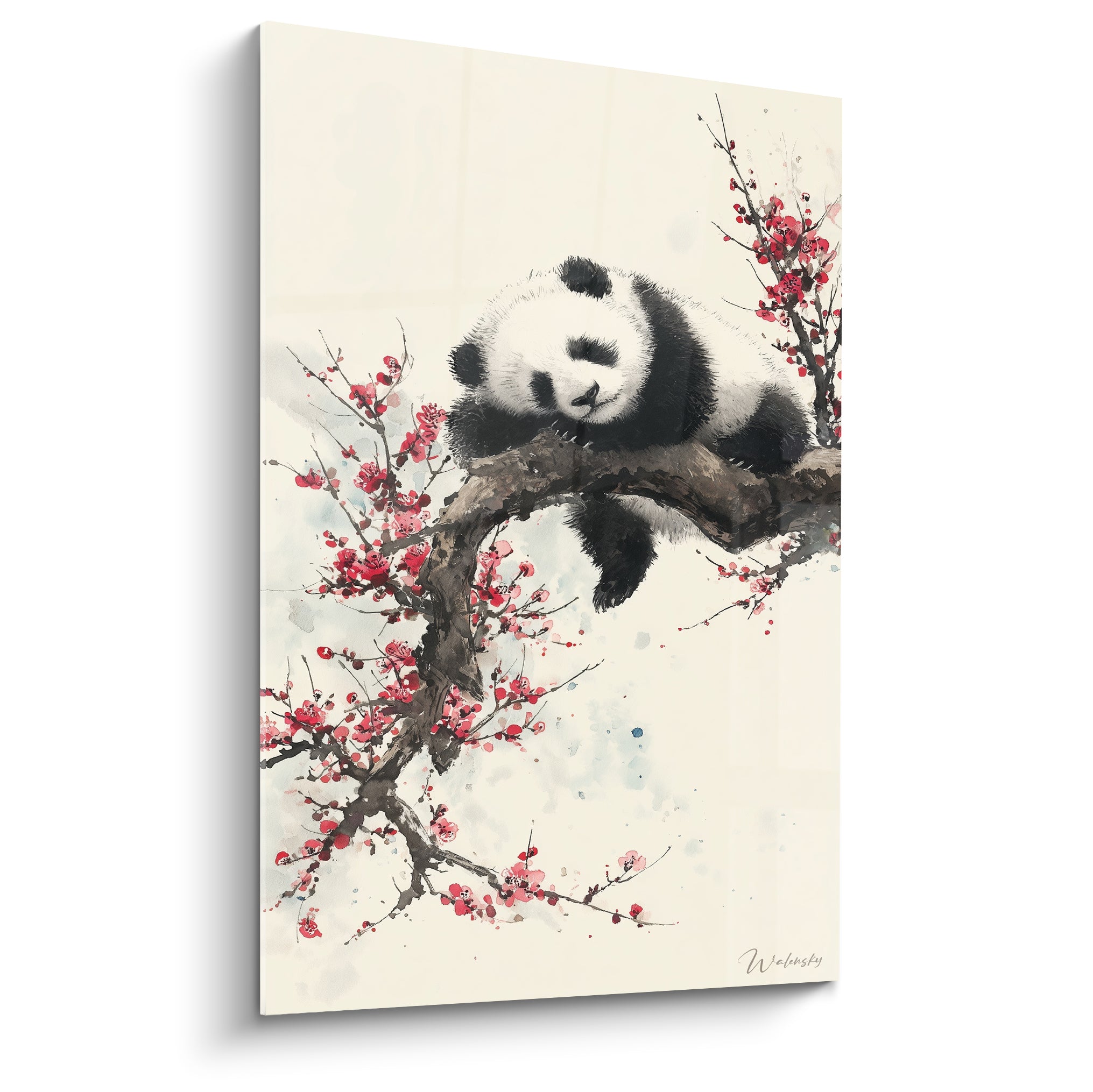 Panda noir et blanc endormi sur une branche fleurie rose, style aquarelle japonisant sur fond ivoire