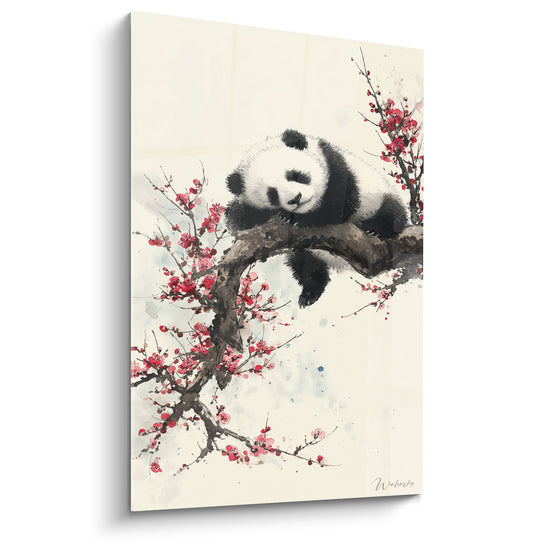 Tableau Panda affalé sur branche torsadée fleurs pourpres - Éclaboussures d'aquarelle bleutée - Edition Panda