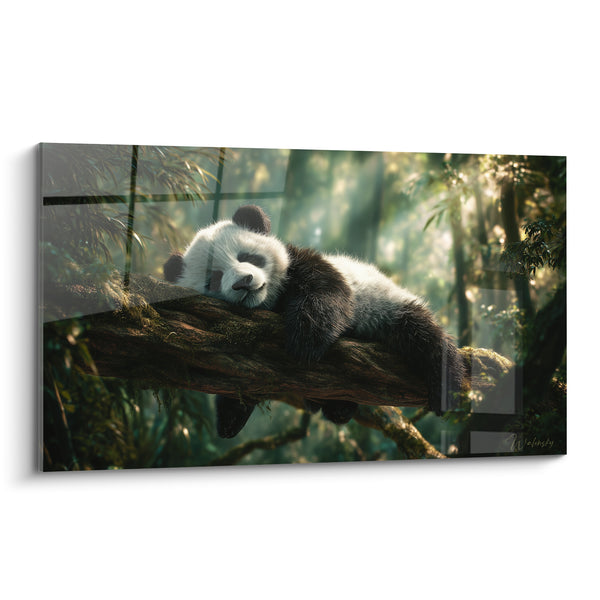 Tableau Panda noir et blanc sur branche moussue mouchetée de lumière - Rayons filtrés forêt - Edition Panda