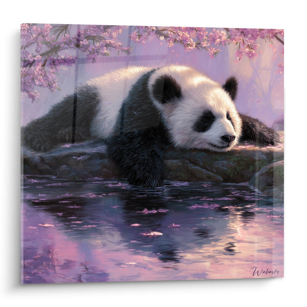 Tableau Panda endormi sous fleurs de cerisier roses - Sieste rosée - Edition Panda